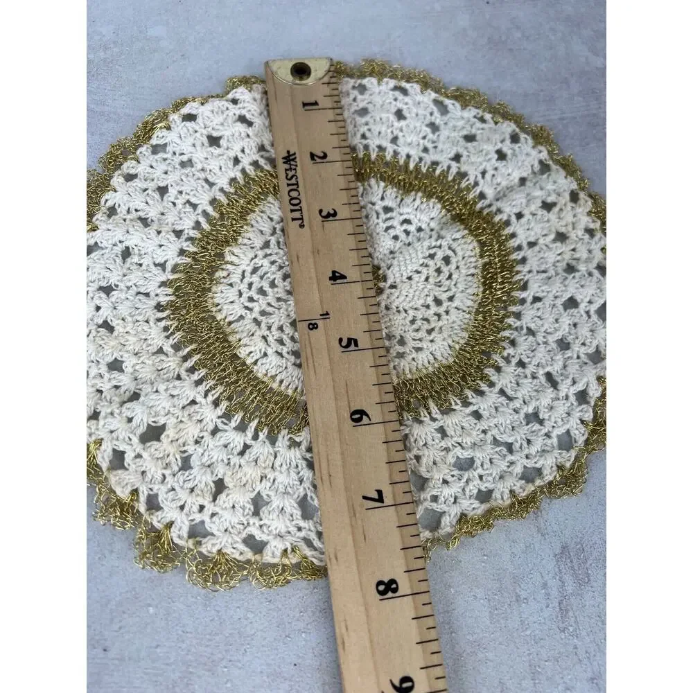Vintage White & Gold Wire Handmade Round‎ Crochet Dining Table Doily - Lot of 2